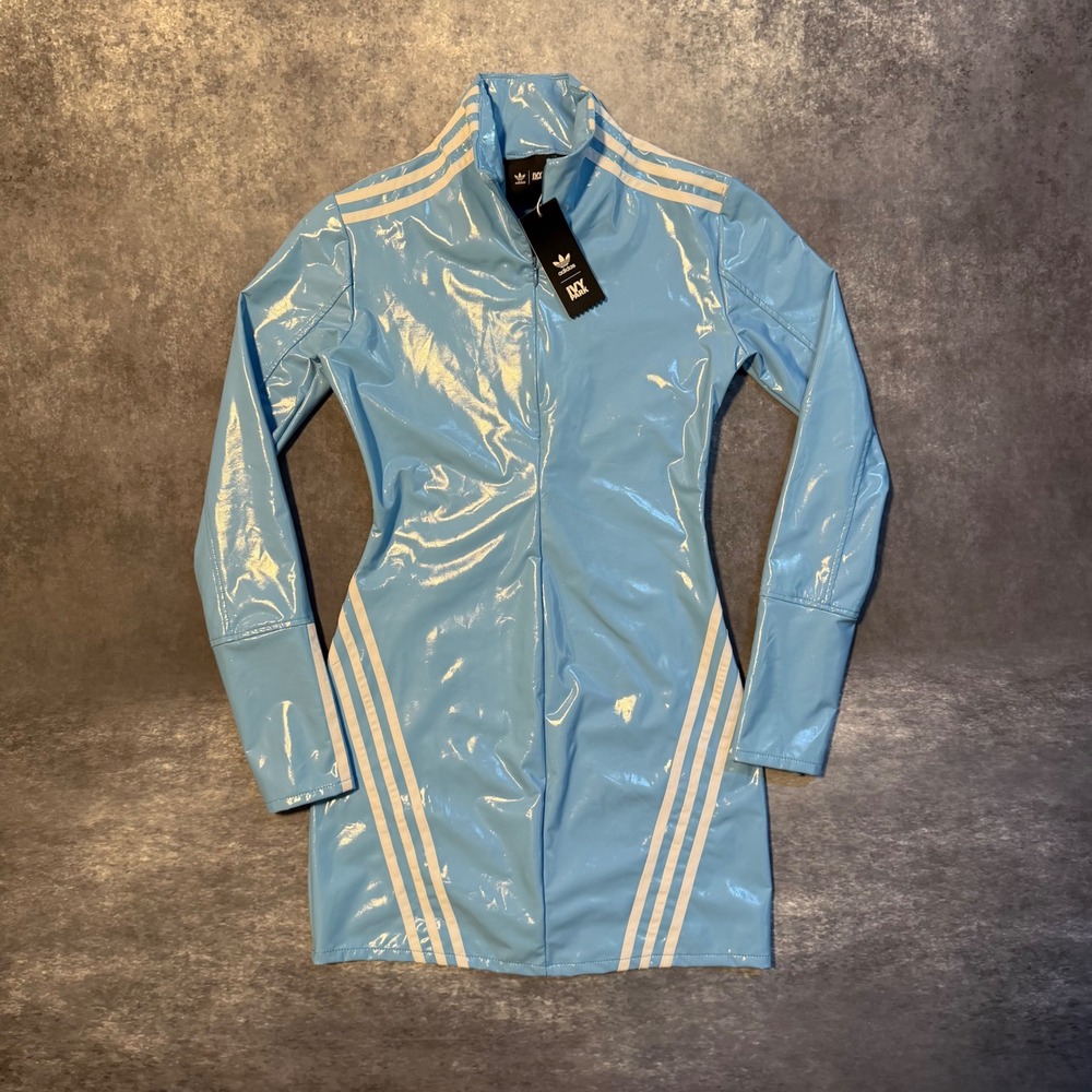 Adidas Ivy Park Beyonce Latex Dress Womens S Light Blue White Zip Mini NWT